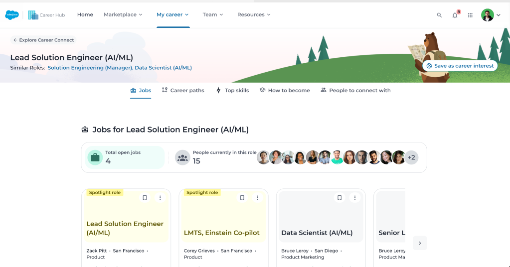 Career Connect surfaces recommended roles to employees based on what they are qualified for today, as well as roles where their skills can be transferred.